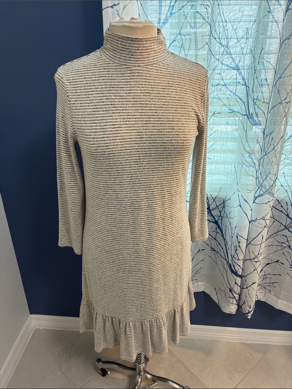 White House Black Market Striped Cream and Black Turtleneck Ruffle-Hem Dress